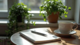 窓辺のテーブルにノートとペン、湯のみが置かれた静かな朝の風景