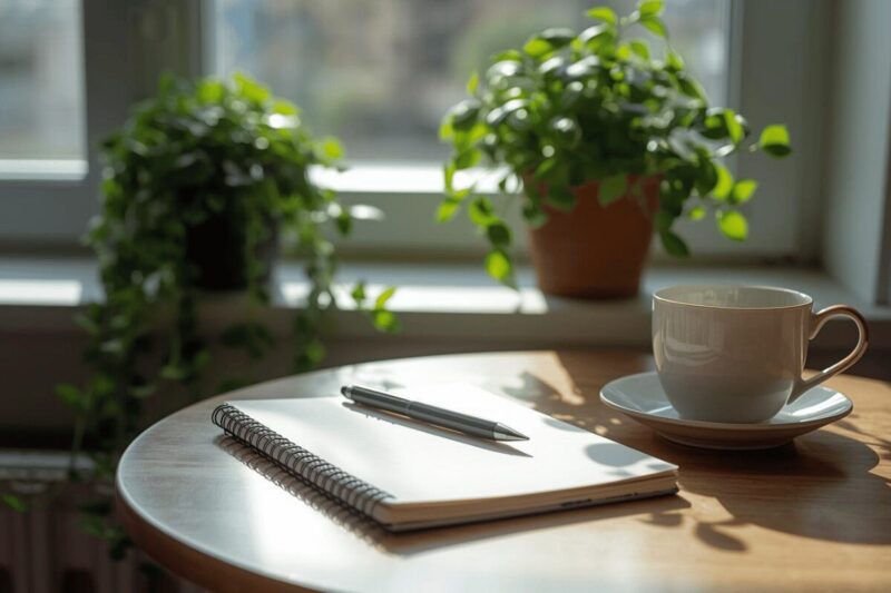 窓辺のテーブルにノートとペン、湯のみが置かれた静かな朝の風景